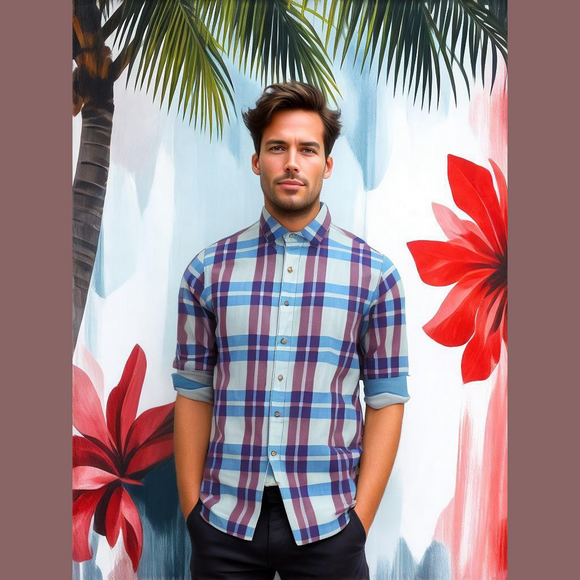 Men’s Tommy Bahama Relax Short Sleeve 100% Linen Plaid Blue/Purple Shirt Sz L - Picture 2 of 3